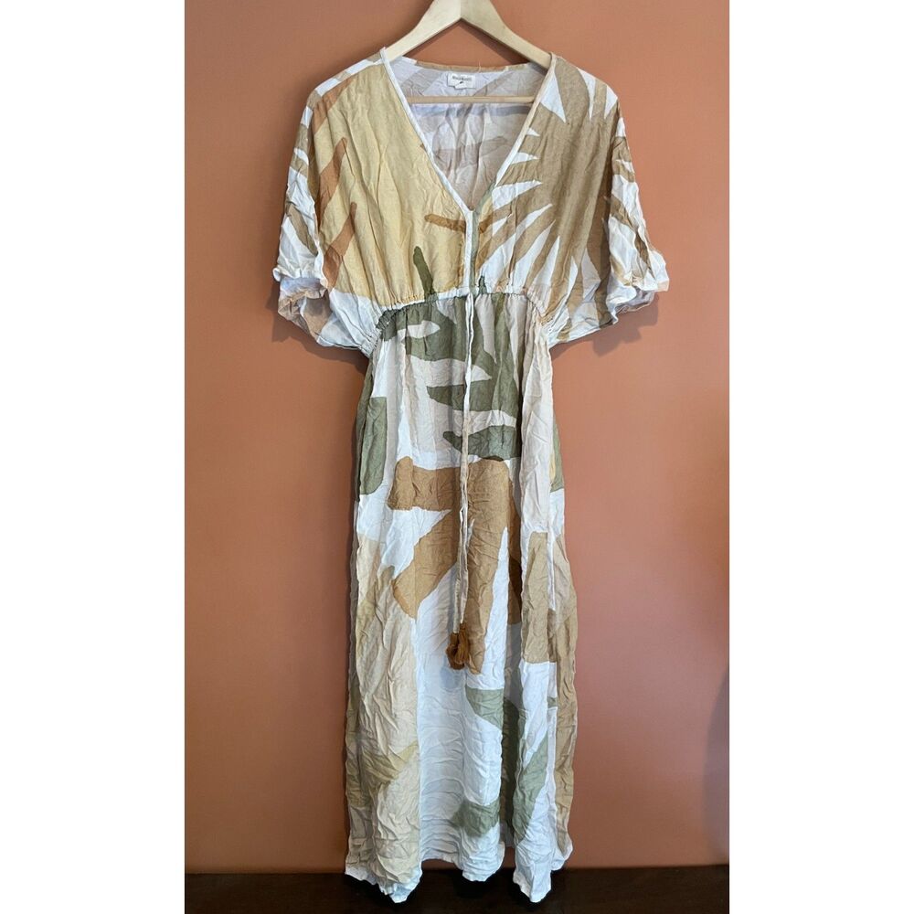 World Market L/XL Abstract Botanical Maxi Kaftan Dress Boho Tassel Tie Neutral
